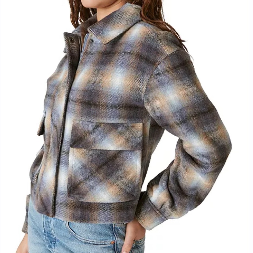 Lucky Brand Cropped Plaid Shirt Jacket Women's Large NEW
